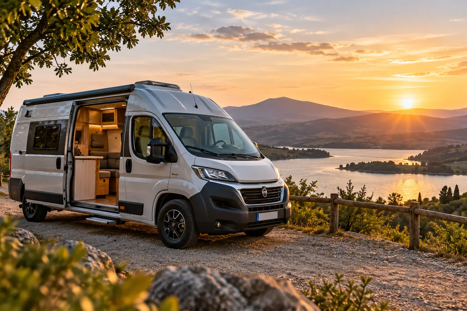 Camper van al tramonto sul lago